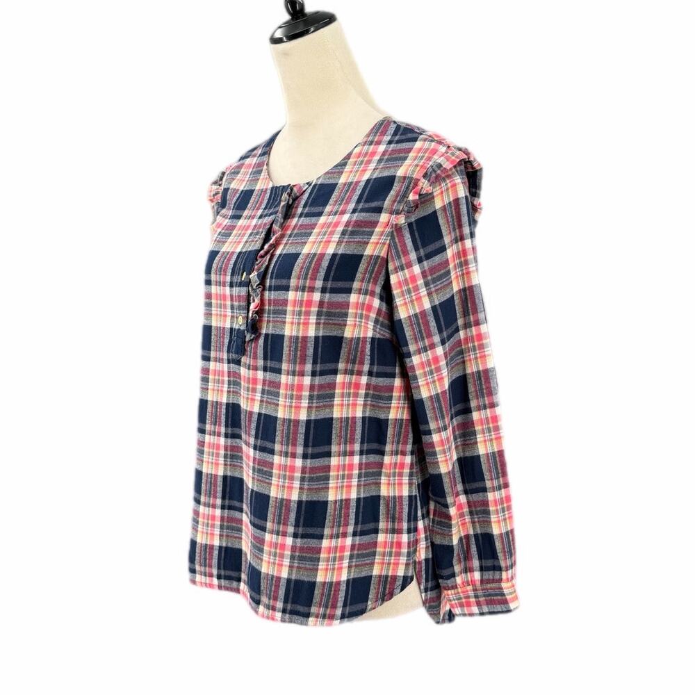 Anthropologie Isabella Sinclair Pink Navy 100% Cotton Ruffle Plaid Academia Top - Picture 5 of 13